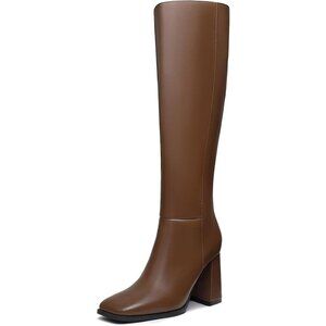 Women's Faux Leather Tan Square Toe Side Zipper Chunky Heel Knee High Boots